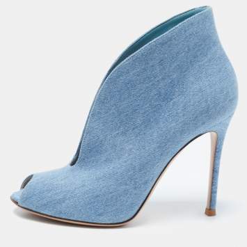 Pre Owned Gianvito Rossi Blue Denim Vamp Peep Toe Booties Size 37.5
