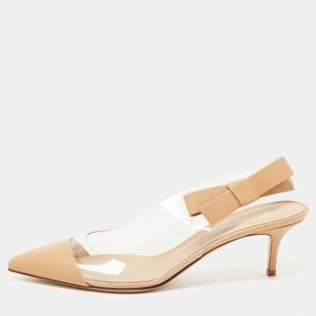 Pre Owned Gianvito Rossi Beige Leather and PVC Slingback Bow Sandals Size 41