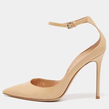 Pre Owned Gianvito Rossi Beige Patent Leather Ankle Strap Pointed Toe Pumps Size 40.5
