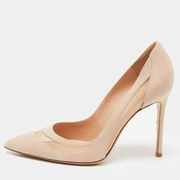 Pre Owned Gianvito Rossi Beige Suede and Mesh Pointed Toe Pumps Size 38