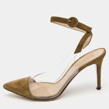 Pre Owned Gianvito Rossi Green/Transparent Suede and PVC Ankle Strap Pointed Toe Pumps Size 39