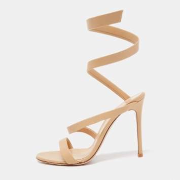 Pre Owned Gianvito Rossi Beige Leather Opera Twirl Ankle Wrap Sandals Size 38.5