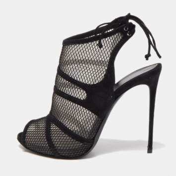 Pre Owned Gianvito Rossi Black Suede and Mesh Peep Toe Ankle Sandals Size 37.5