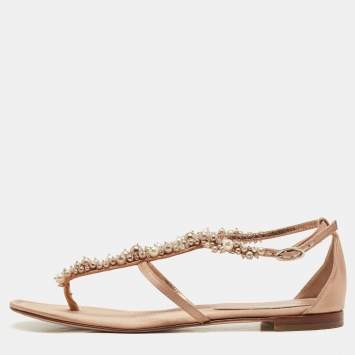 Pre Owned Gianvito Rossi Pink Satin Faux Pearl Embellished T-Strap Flat Sandals Size 38.5