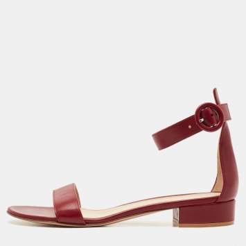 Pre Owned Gianvito Rossi Burgundy Leather Portofino Ankle Cuff Flat Sandals Size 39