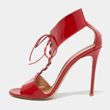 Pre Owned Gianvito Rossi Red Patent Leather T-Strap Lace Up Sandals Size 41