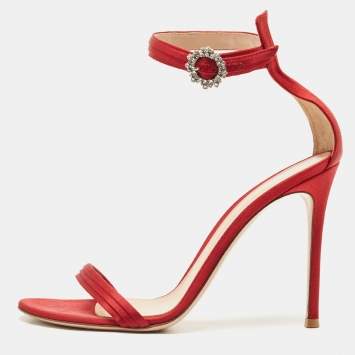Pre Owned Gianvito Rossi Red Satin Ankle Strap Sandals Size 40