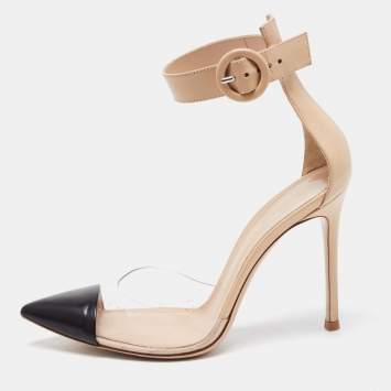 Pre Owned Gianvito Rossi Beige/Black Leather and PVC Ankle Strap Pumps Size 36.5