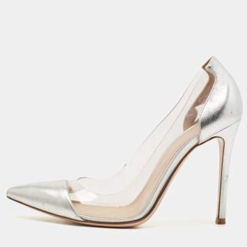 Pre Owned Gianvito Rossi Silver Leather And PVC Plexi Pointed Toe Pumps Size 38