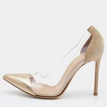 Pre Owned Gianvito Rossi Gold Leather, Suede and PVC Plexi Pumps Size 39