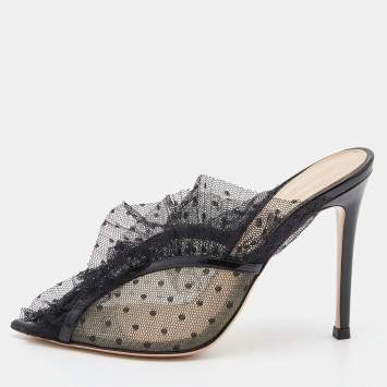Pre Owned Gianvito Rossi Black Lace, Mesh and Patent Leather Mule Sandals Size 35