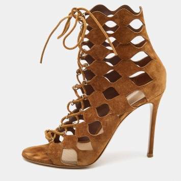 Pre Owned Gianvito Rossi Brown Suede Azalia Cut Out Lace Up Sandals Size 41