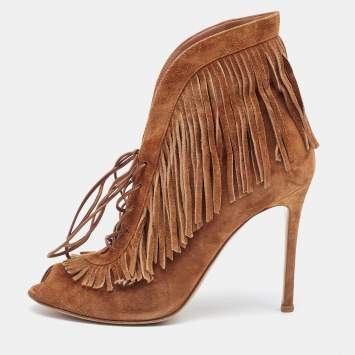 Pre Owned Gianvito Rossi Tan Suede Fringe Lace Up Ankle Booties Size 39