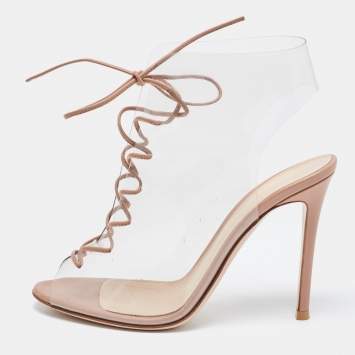Pre Owned Gianvito Rossi Beige PVC And Leather Helmut Lace Up Booties Size 36.5