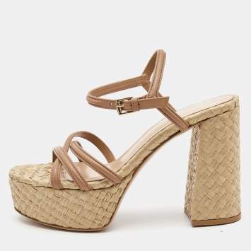 Pre Owned Gianvito Rossi Beige Leather Ankle Strap Espadrille Platform Sandals Size 41