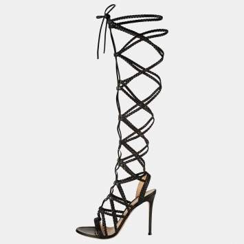 Pre Owned Gianvito Rossi Black Leather Braided Gladiator Knee High Sandals Size 38