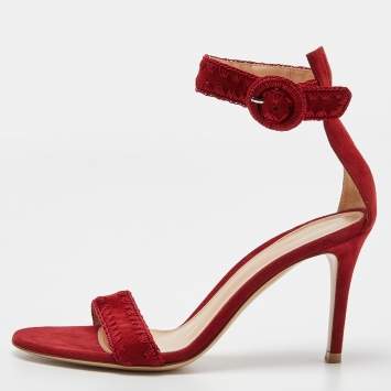 Pre Owned Gianvito Rossi Red/Beige Suede Whipstitch Portofino Sandals Size 36