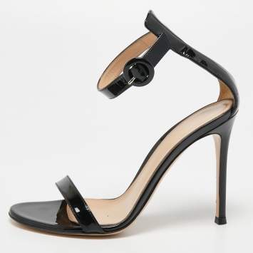Pre Owned Gianvito Rossi Black Patent Leather Portofino Ankle Strap Sandals Size 36