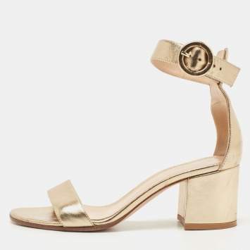 Pre Owned Gianvito Rossi Gold Leather Portofino Block Heel Sandals Size 35.5