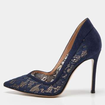 Pre Owned Gianvito Rossi Navy Blue Lace and Suede Pumps Size 36