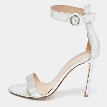 Pre Owned Gianvito Rossi Silver Foil Leather Portofino Ankle Strap Sandals Size 38