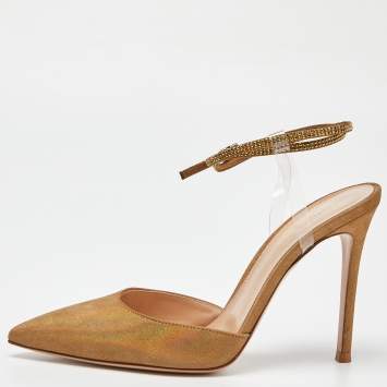 Pre Owned  Gianvito Rossi Brown Suede and PVC Pointed Toe  Ankle Strap Pumps Size 38.5