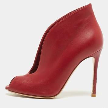 Pre Owned Gianvito Rossi Red Leather Vamp Peep Toe Ankle Booties Size 36