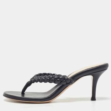 Pre Owned Gianvito Rossi Black Woven Leather Thong Slide Sandals Size 38