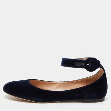 Pre Owned Gianvito Rossi Blue Velvet Ankle Strap Ballet Flats Size 39