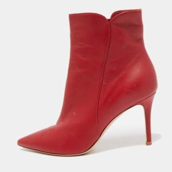 Pre Owned Gianvito Rossi Red Leather Pointed Toe Ankle Length Boots Size 37.5