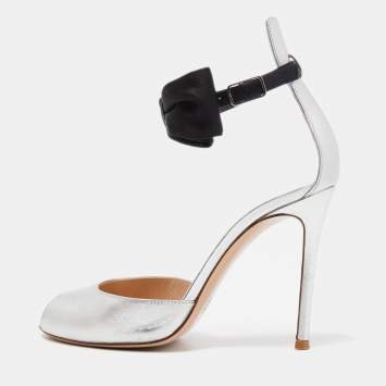 Pre Owned Gianvito Rossi Silver Leather and Satin Bow Ankle Strap Sandals Size 37