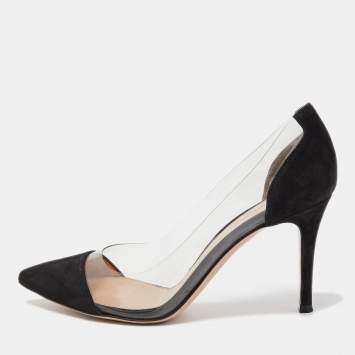 Pre Owned Gianvito Rossi Black Suede and PVC Plexi Pointed Toe Pumps Size 36.5