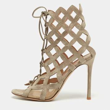 Pre Owned Gianvito Rossi Grey Suede Lattice Sandals Size 38.5