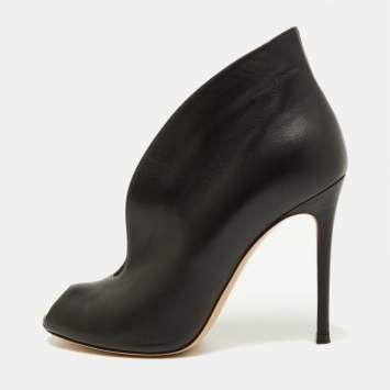 Pre Owned Gianvito Rossi Black Leather V-Neck Peep Toe Ankle Boots Size 38