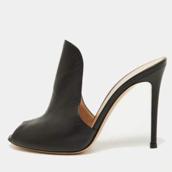 Pre Owned Gianvito Rossi Black Leather Alise Peep Toe Mules Size 37.5