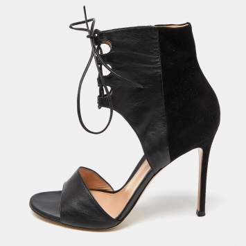 Pre Owned Gianvito Rossi Black Leather and Suede Lace Up Sandals Size 39