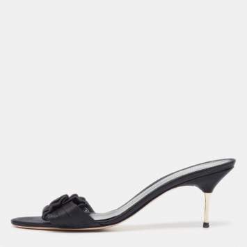 Pre Owned Gianvito Rossi Black Pleated Satin Bow Slide Sandals Size 41