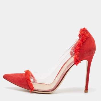 Pre Owned Gianvito Rossi Red Suede and PVC Plexi Pumps Size 37.5