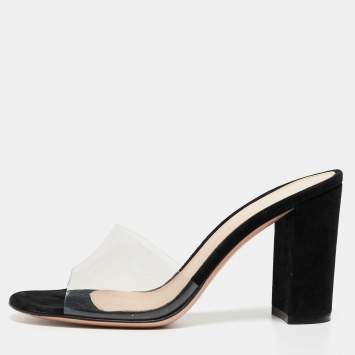 Pre Owned Gianvito Rossi Black PVC and Suede Open Toe Block Heel Slide Sandals Size 36