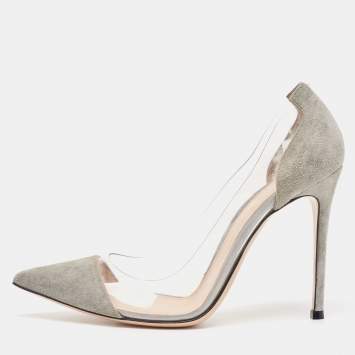 Pre Owned Gianvito Rossi Grey Suede and PVC Plexi Pointed Toe Pumps Size 39