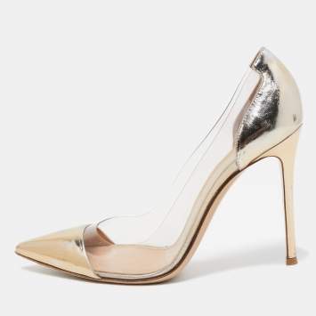 Pre Owned Gianvito Rossi Metallic Gold Foil Leather and PVC Plexi Pointed Toe Pumps Size 40