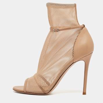 Pre Owned Gianvito Rossi Beige Mesh and Leather Peep Toe Ankle Boots Size 40