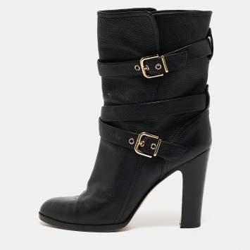Pre Owned Gianvito Rossi Black Leather Buckle Detail Mid Calf Boots Size 40