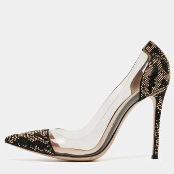Pre Owned Gianvito Rossi Black/Transparent Polka Dot Fabric And PVC Plexi Pointed Toe Pumps Size 42
