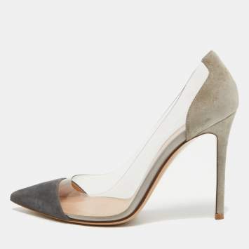 Pre Owned Gianvito Rossi Grey Suede and PVC Plexi Pointed Toe Pumps Size 38.5