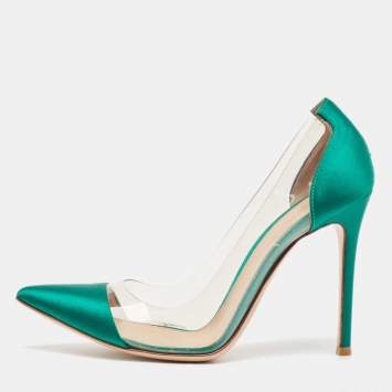 Pre Owned Gianvito Rossi Green Satin and PVC Plexi Pumps Size 38
