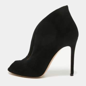 Pre Owned Gianvito Rossi Black Velvet Vamp Peep Toe Booties Size 37