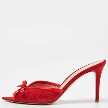 Pre Owned Gianvito Rossi Red Suede Bow Slide Sandals Size 38.5