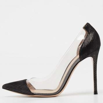 Pre Owned Gianvito Rossi Metallic Black Suede and PVC Plexi Pointed Toe Pumps Size 40