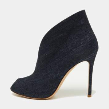 Pre Owned Gianvito Rossi Navy Blue Denim Vamp Peep Toe Booties Size 38.5
